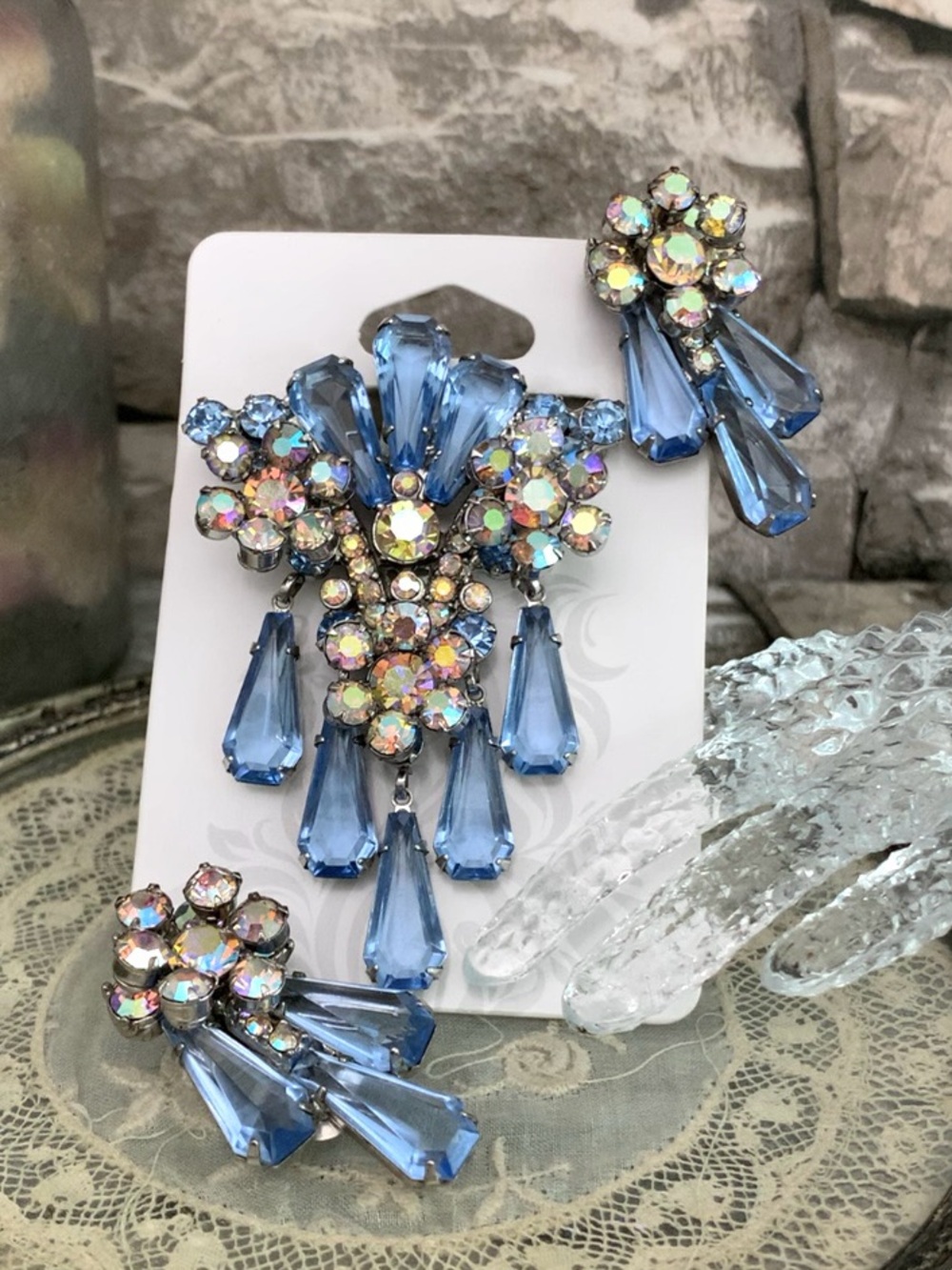 Verified Juliana D&E DeLizza Elster Floret Pentagon Rhinestones Brooch Earrings